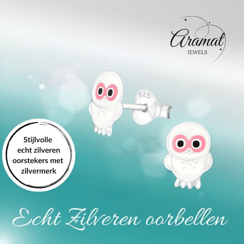 Zilveren Uiltjes Oorbellen - Wit/Roze Emaille - Cadeau - oor375 - 3683 - Oorbellen kopen