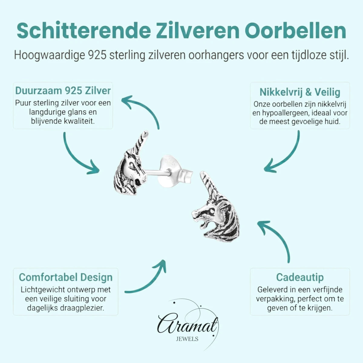 Zilveren Unicorn Oorbellen geoxideerd - Cadeau Tip - Aramat Jewels - Oorbellen - cadeautip