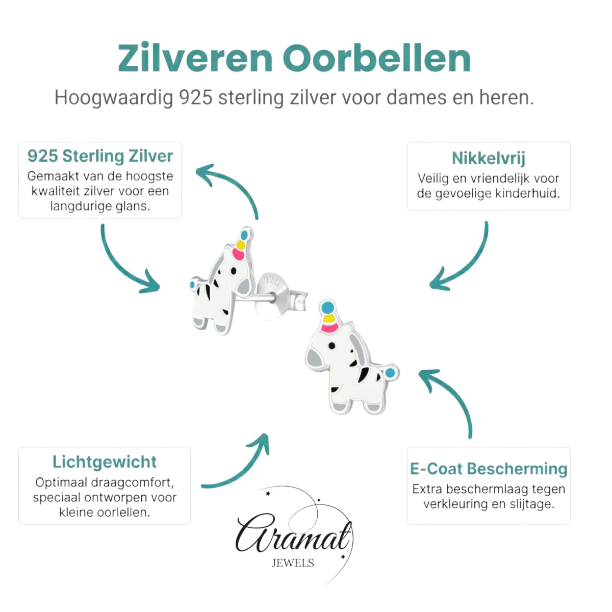 Zilveren Zebra Oorbellen - Feestmuts Emaille - Aramat Jewels - Oorbellen - cadeautip