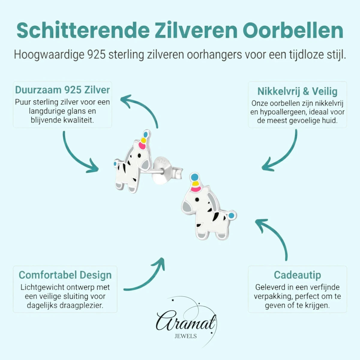 Zilveren Zebra Oorbellen - Feestmuts Emaille - Aramat Jewels - Oorbellen - cadeautip