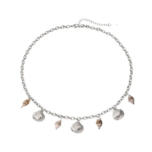 Zilverkleurige bedelketting met echte schelpen – 40+5 cm - ket1184 - 513517 - Halskettingen kopen# - 40cm - alles - Bedelketting