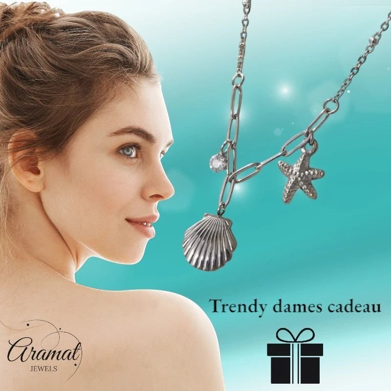 Zilverkleurige bedelketting met zeester, schelp & zirkonia – 40+5 cm - ket1183 - 658906 - Halskettingen kopen# - 40cm - alles - Bedelketting