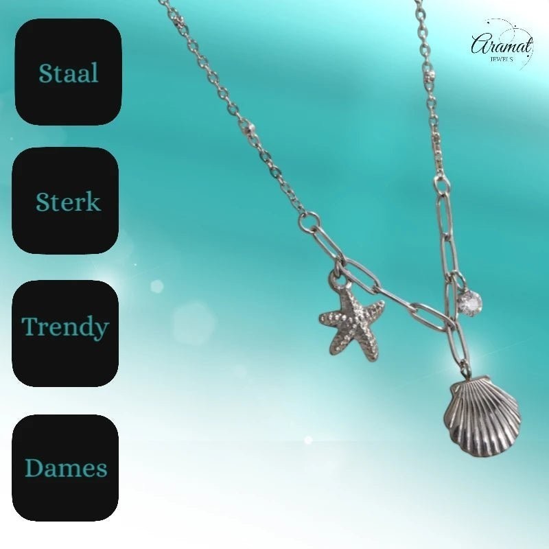 Zilverkleurige bedelketting met zeester, schelp & zirkonia – 40+5 cm - ket1183 - 658906 - Halskettingen kopen# - 40cm - alles - Bedelketting