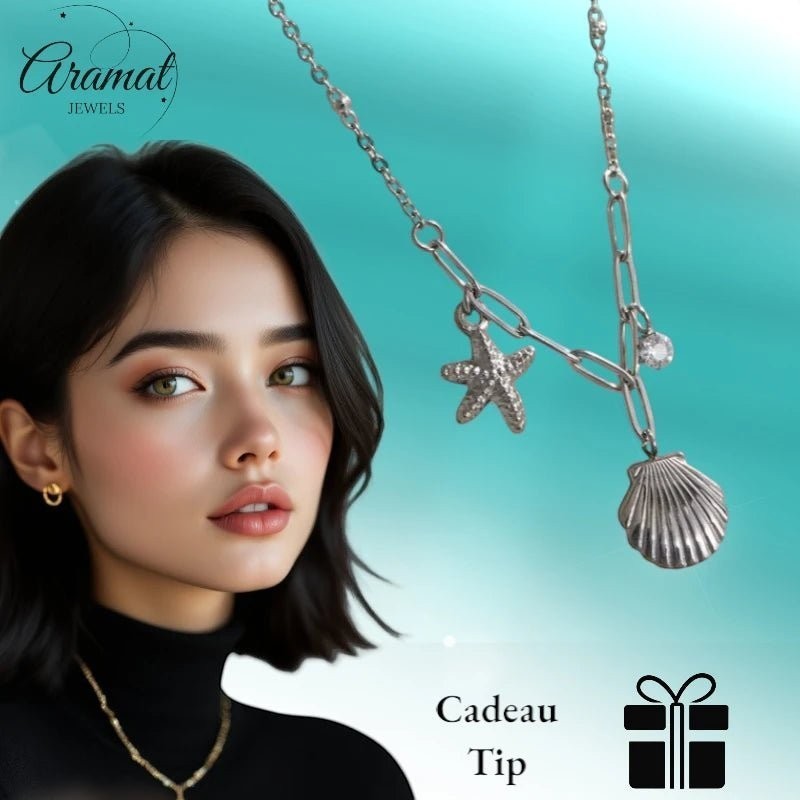 Zilverkleurige bedelketting met zeester, schelp & zirkonia – 40+5 cm - ket1183 - 658906 - Halskettingen kopen# - 40cm - alles - Bedelketting