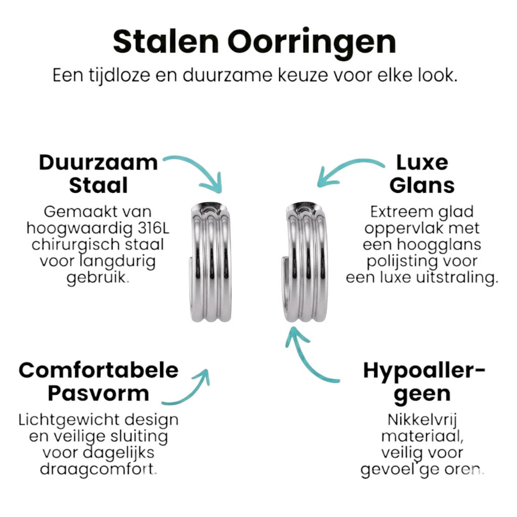Zilverkleurige Halve RVS Oorringen met Streeprelief 23x7mm - Aramat Jewels - Oorringen - cadeautip