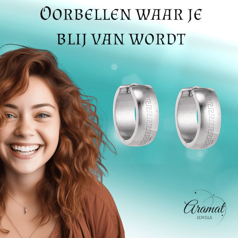 Zilverkleurige Oorringen - RVS - Grieks Motief - Uniseks - oor5790 - Oorringen kopen# - 13mm - alles - cadeau