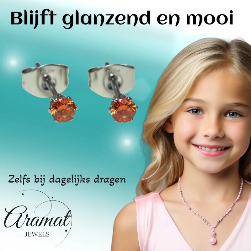 Zilverkleurige RVS Oorstekers Geboortesteen Juli - Rood/Oranje - 3 mm - Aramat Jewels - Oorbellen - cadeautip