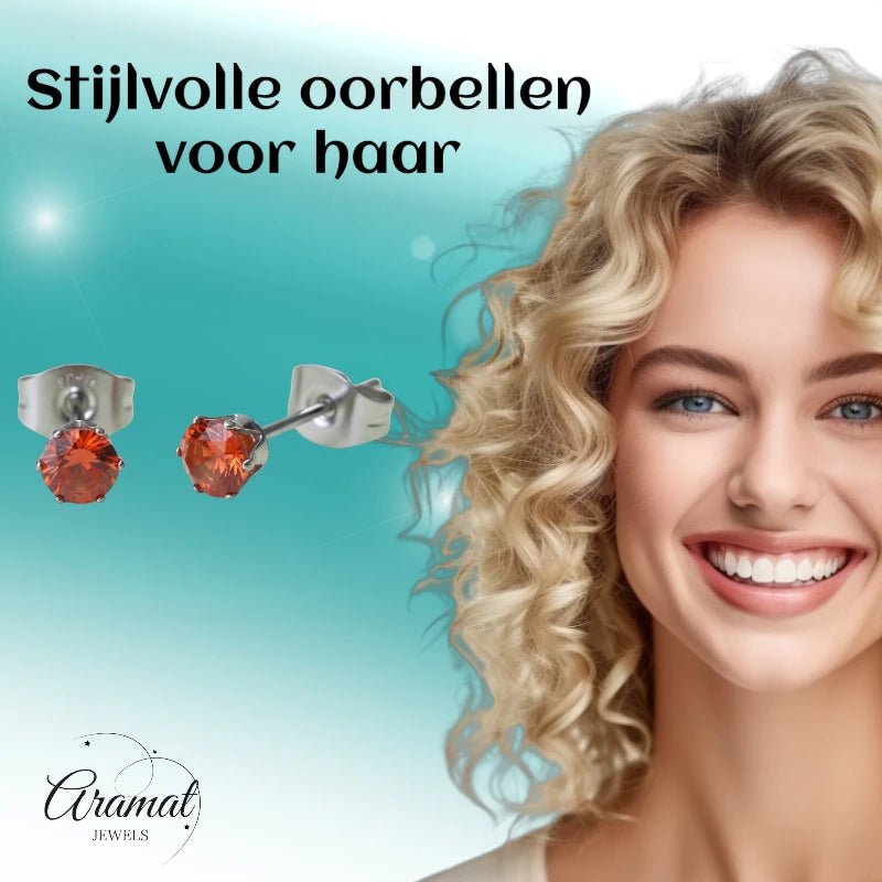 Zilverkleurige RVS Oorstekers Geboortesteen Juli - Rood/Oranje - 4 mm - Aramat Jewels - Oorbellen - cadeautip