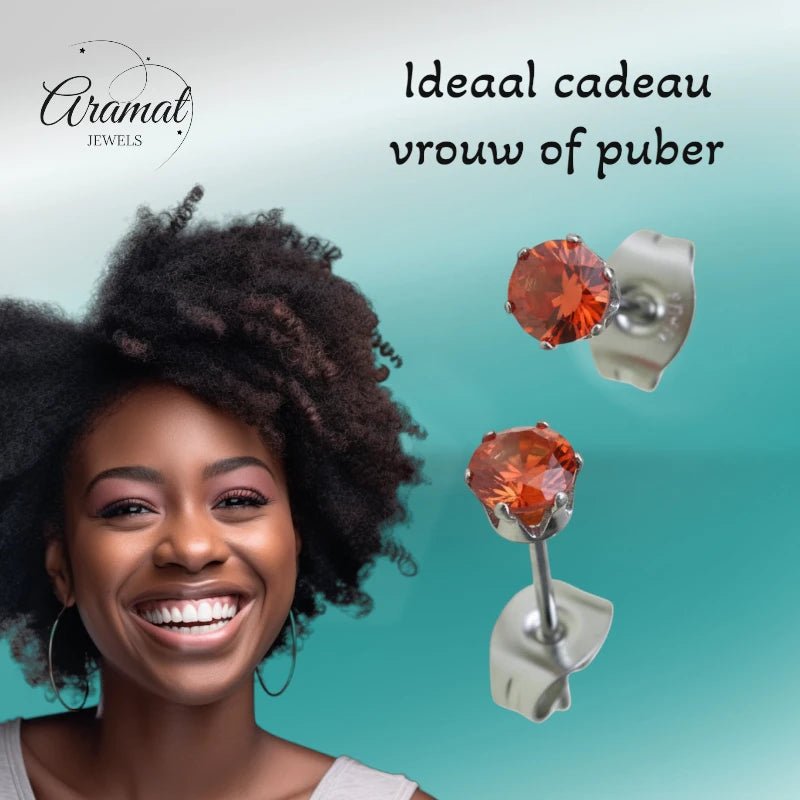 Zilverkleurige RVS Oorstekers Geboortesteen Juli - Rood/Oranje - 4 mm - Aramat Jewels - Oorbellen - cadeautip