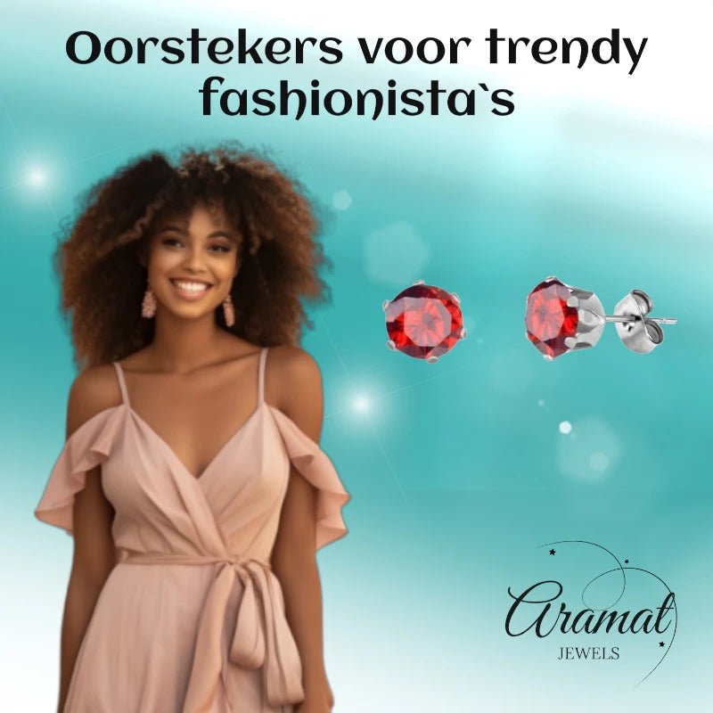 Zilverkleurige RVS Oorstekers met Rode Zirkonia - Rond - Aramat Jewels - Oorbellen - cadeautip