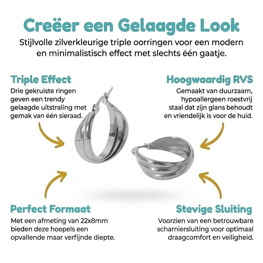 Zilverkleurige Triple Oorringen 22x8mm – Strakke look, driedubbel effect - Aramat Jewels - Oorringen - cadeautip