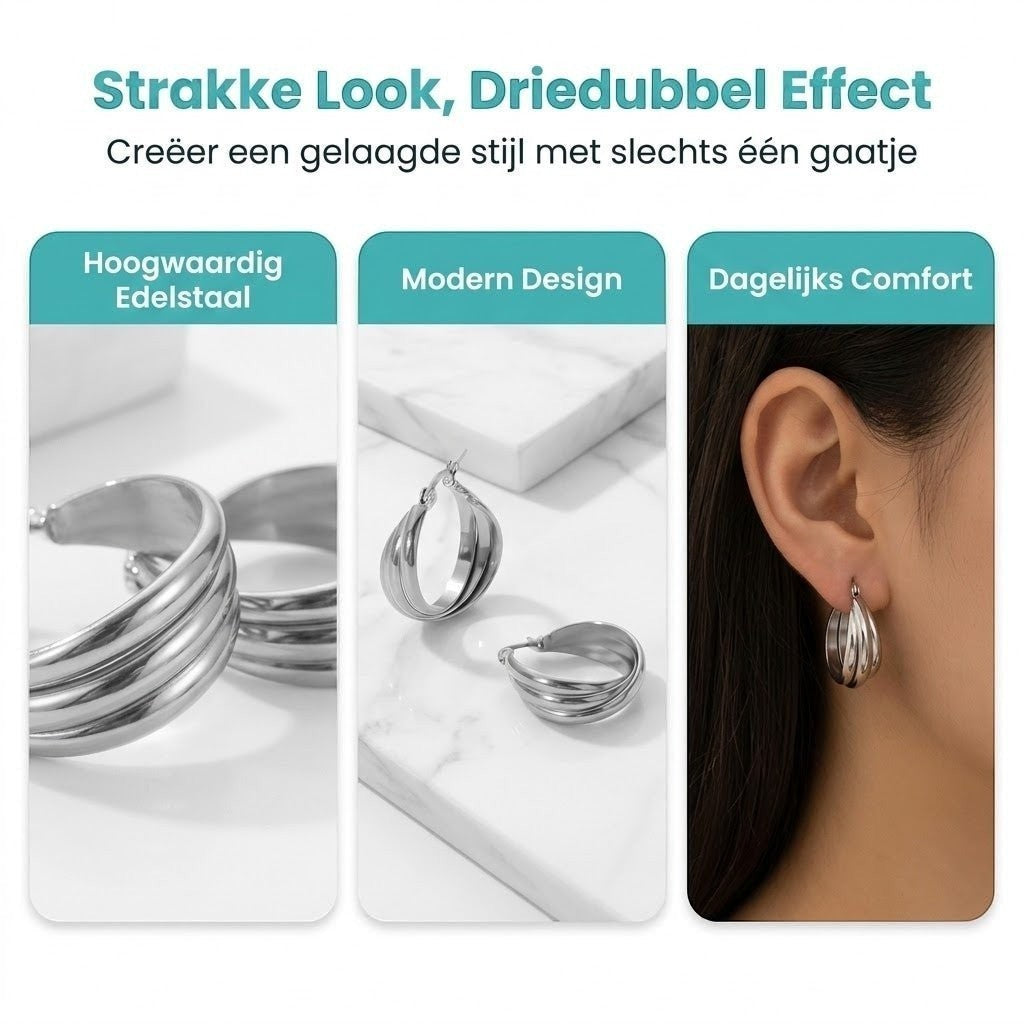 Zilverkleurige Triple Oorringen 22x8mm – Strakke look, driedubbel effect - Aramat Jewels - Oorringen - cadeautip