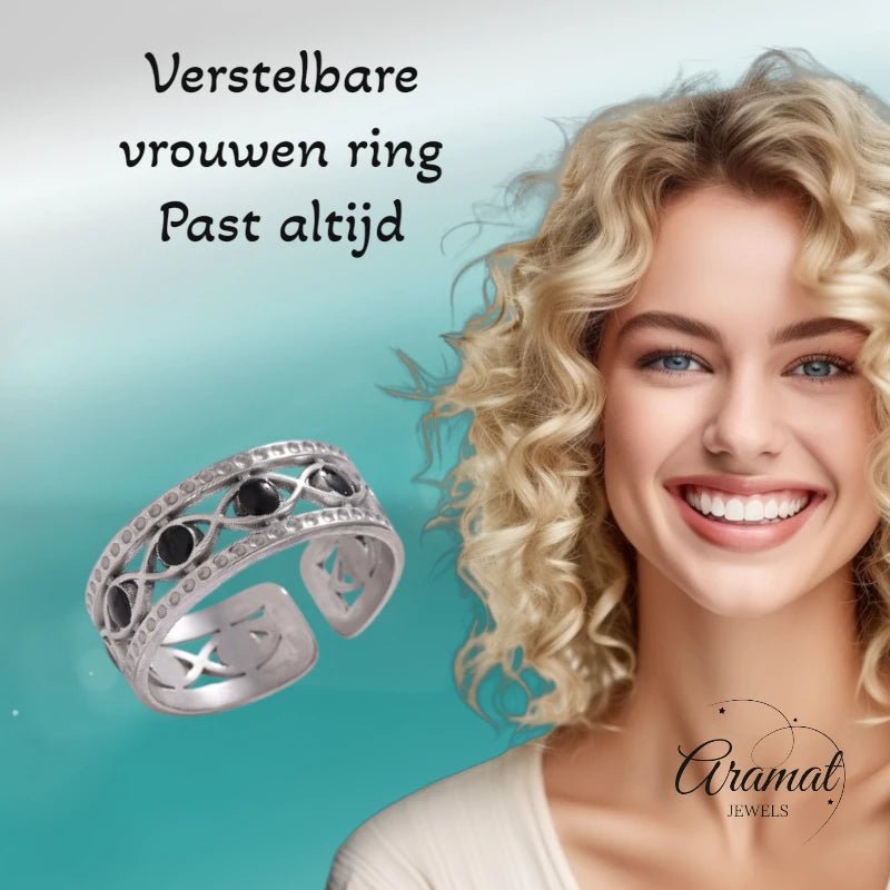 Zilverkleurige Verstelbare RVS Ring met Zwart Boze Oog en Schakelmotief - Aramat Jewels - Ringen - cadeautip