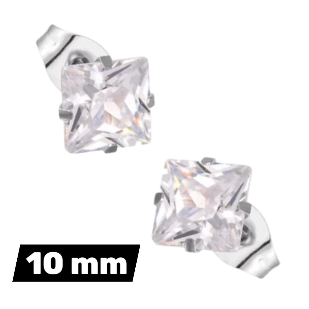 Zilverkleurige Stalen Vierkante Oorstekers met Transparante Zirkonia – 2 t/m 10 mm