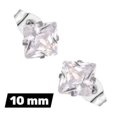 Zilverkleurige Stalen Vierkante Oorstekers met Transparante Zirkonia – 2 t/m 10 mm