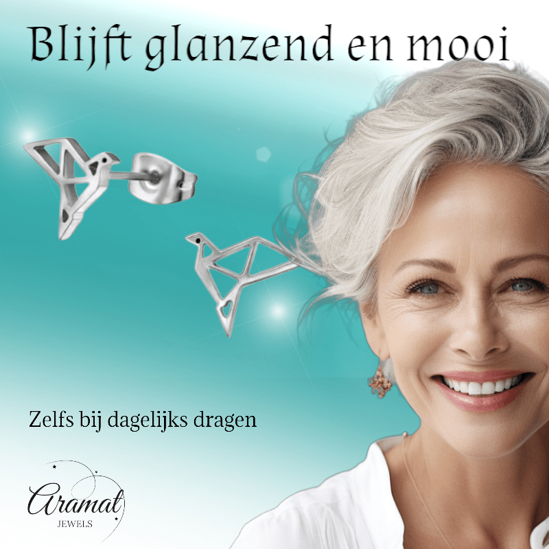 Zilverkleurige Vogel Oorbellen Origami 9mm RVS - Aramat Jewels - Oorbellen - cadeautip