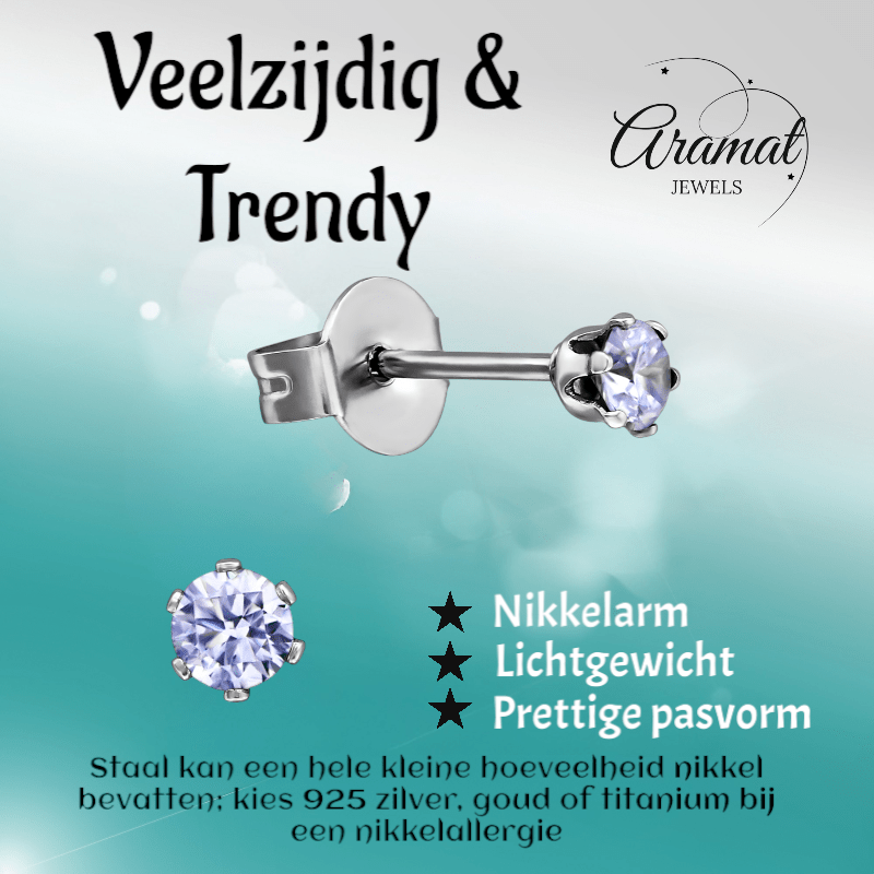 Zilverkleurige Zirkonia Oorbellen 3mm Lila - Aramat Jewels - Oorbellen - cadeautip