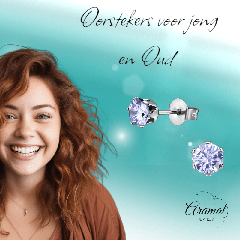 Zilverkleurige Zirkonia Oorbellen 5mm Lila - Aramat Jewels - Oorbellen - cadeautip