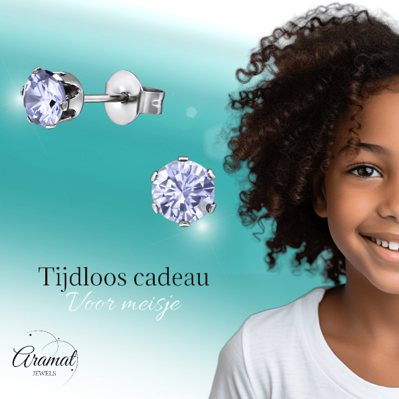 Zilverkleurige Zirkonia Oorbellen 5mm Lila - Aramat Jewels - Oorbellen - cadeautip