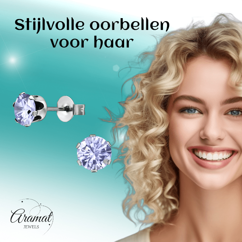 Zilverkleurige Zirkonia Oorbellen 6mm Lila - Aramat Jewels - Oorbellen - cadeautip