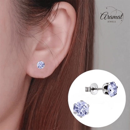 Zilverkleurige Zirkonia Oorbellen 6mm Lila - Aramat Jewels - Oorbellen - cadeautip