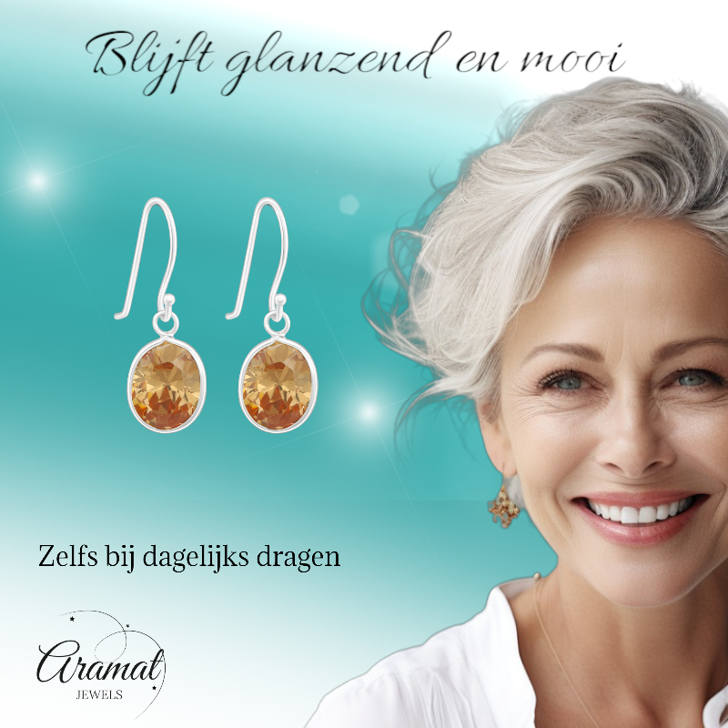 Oorhangers met Ovale Bedel - Champagne Zirkonia - 925 Zilver