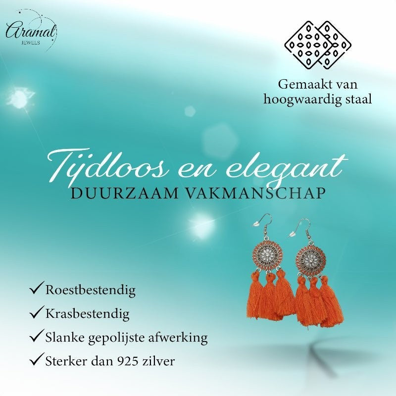 Zomerse Boho Oorhangers Kwastjes Oranje 75mm - Aramat Jewels - Oorbellen - cadeautip