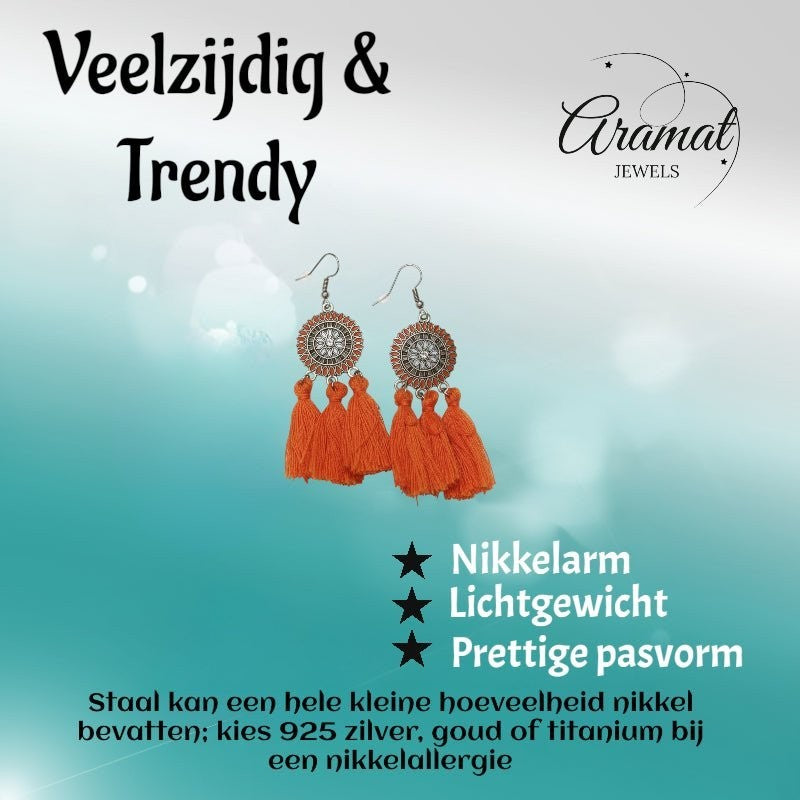 Zomerse Boho Oorhangers Kwastjes Oranje 75mm - Aramat Jewels - Oorbellen - cadeautip