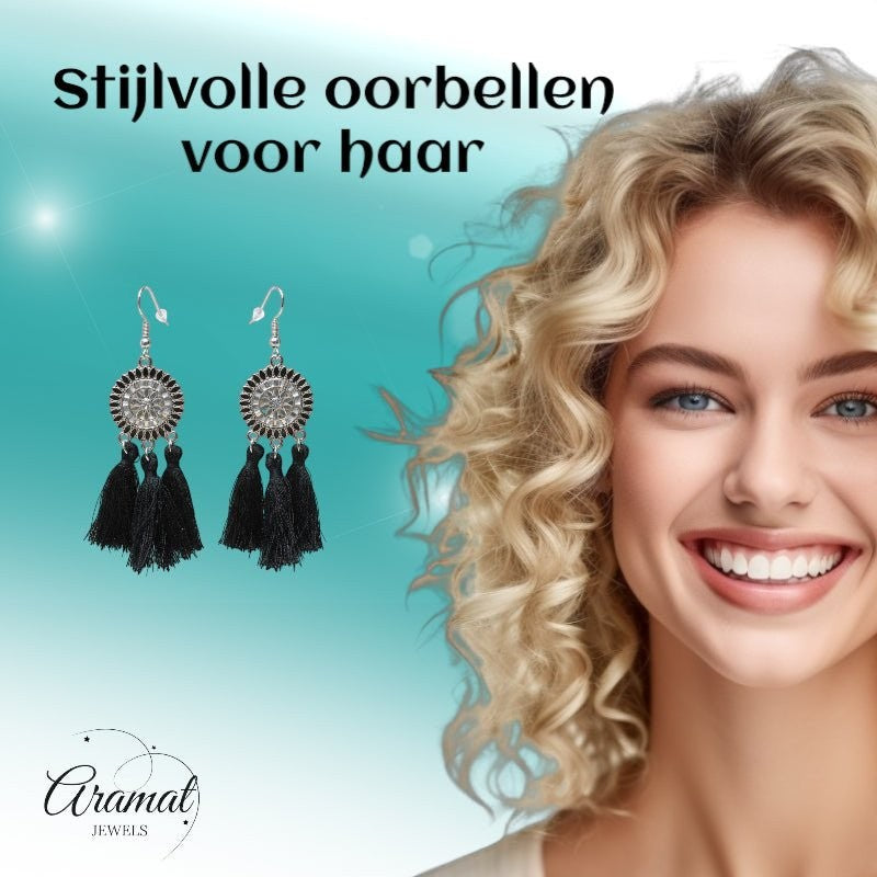 Zomerse Boho Oorhangers Kwastjes Zwart 75mm - Aramat Jewels - Oorbellen - cadeautip