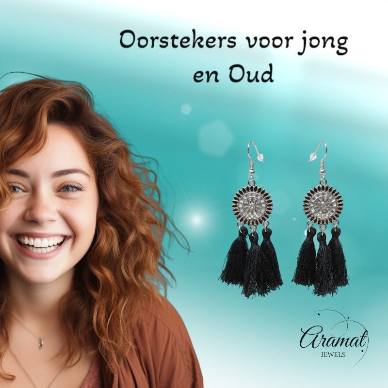 Zwarte bohemian oorhangers met 3 kwastjes, roestvrij staal, 75mm, handgemaakte statement oorbellen zomer