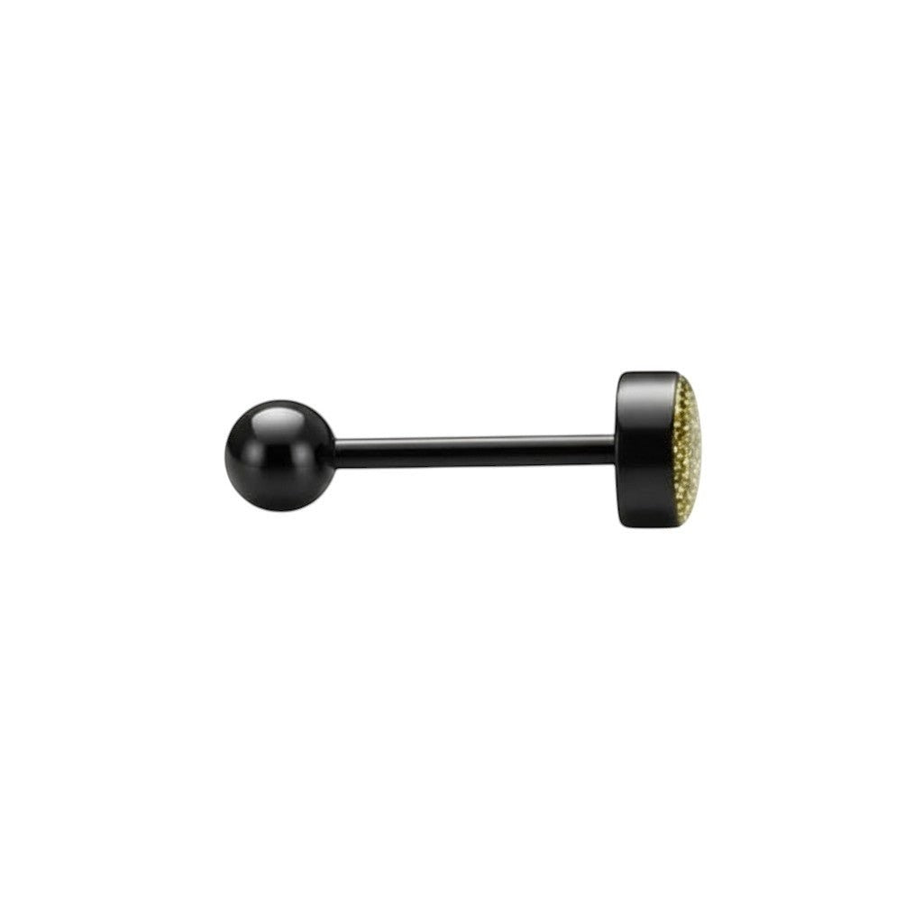 Aramat Jewels black bioplast tongue piercing with glitter detail and black balls. 16mm length, 1.6mm thickness.