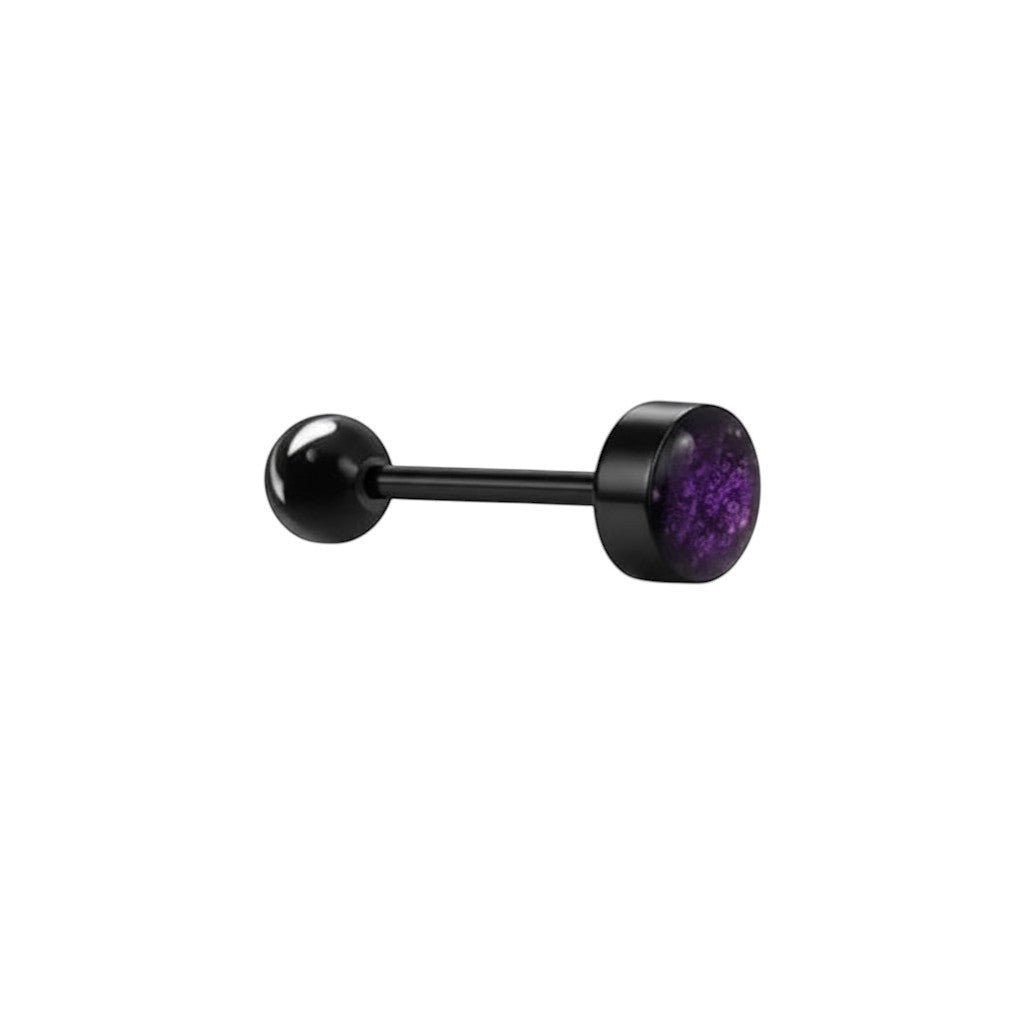 Aramat Jewels black bioplast tongue piercing with purple glitter detail. 16mm bar, 1.6mm thick.