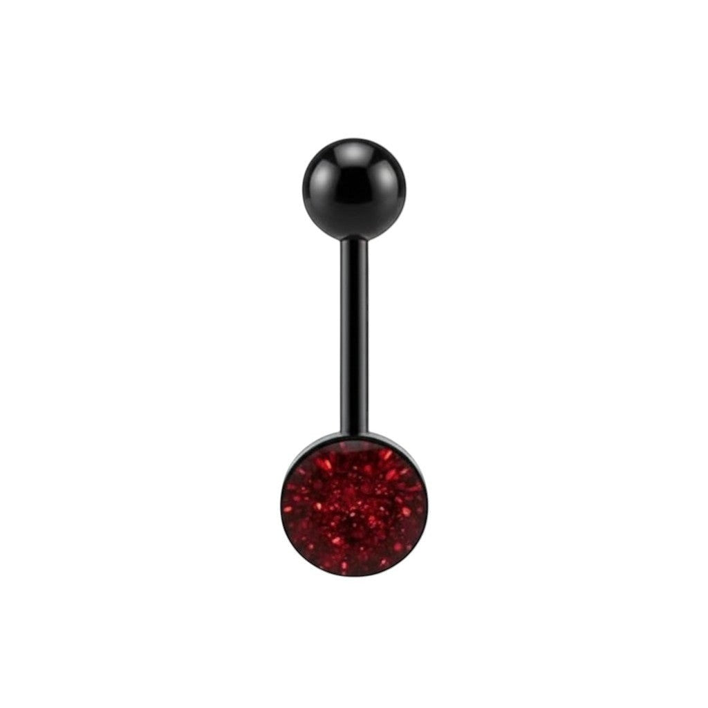 Aramat Jewels black bioplast tongue piercing with red glitter detail and black ball ends.