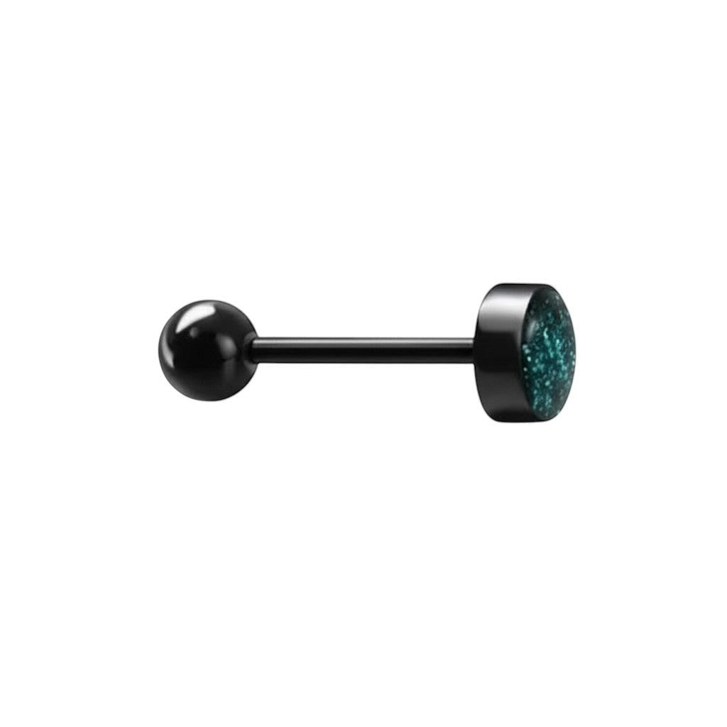 Aramat Jewels black bioplast tongue piercing with green glitter detail. 16mm bar, 1.6mm thick.