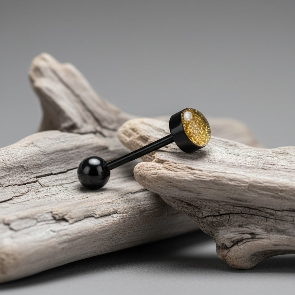 Aramat Jewels black bioplast tongue piercing with a glittery gold ball end and a black ball end.