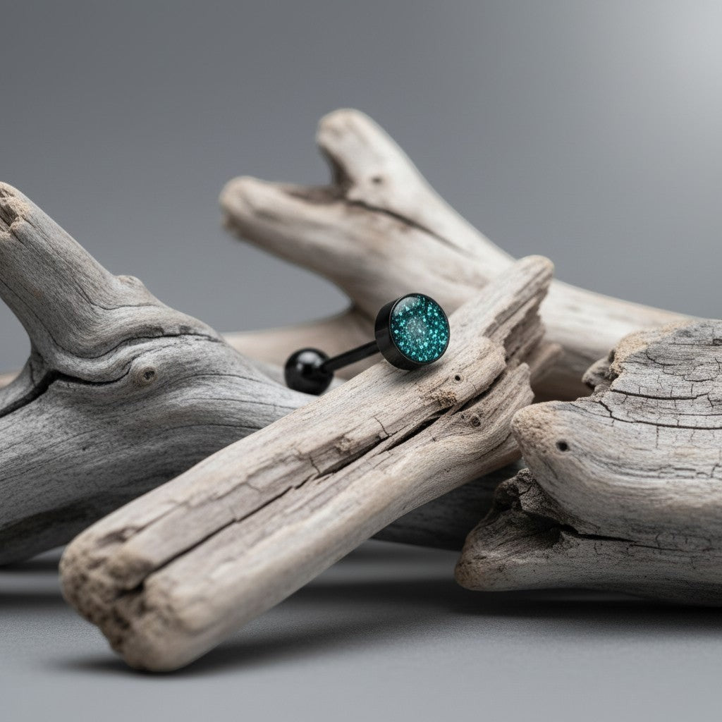 Aramat Jewels black bioplast tongue piercing with a glittery teal top and black ball end.
