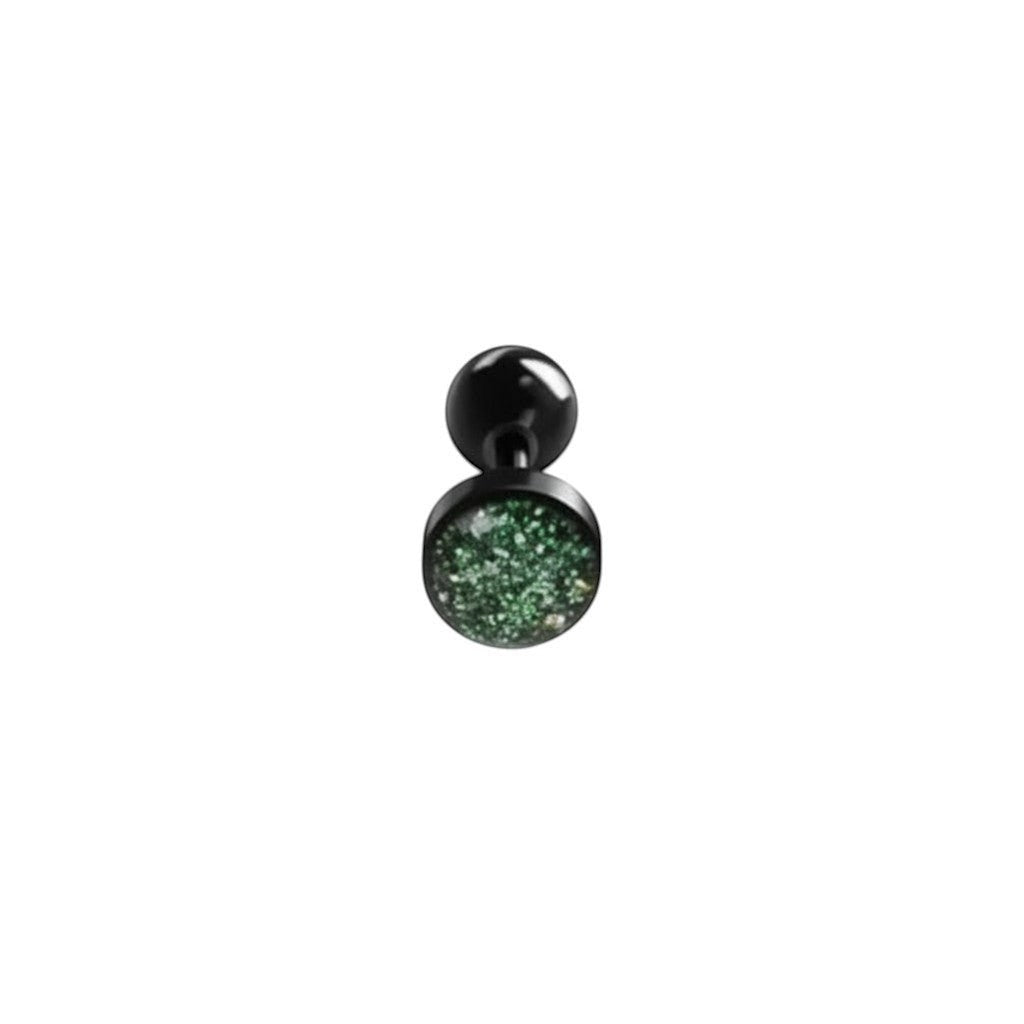 Aramat Jewels black bioplast tongue piercing with green glitter detail and black ball ends.