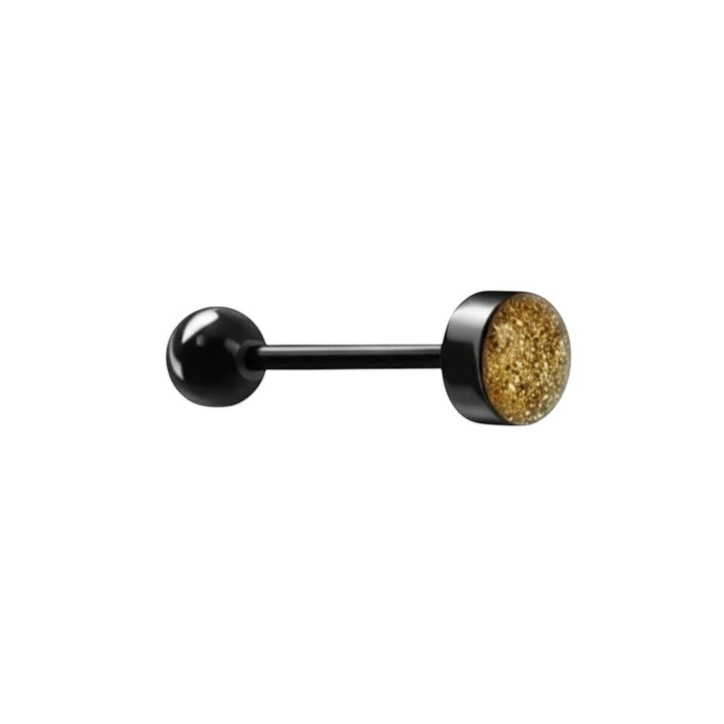 Aramat Jewels black bioplast tongue piercing with gold glitter ends. 16mm bar, 1.6mm thick.