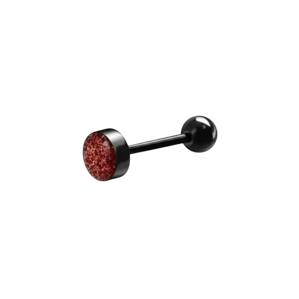 Aramat Jewels black bioplast tongue piercing with red glitter detail. Features a 16mm bar and 8-6mm balls.
