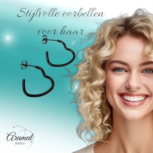 Zwarte Hartvormige Hoepel Oorstekers 20mm - oor5985 - Oorringen kopen