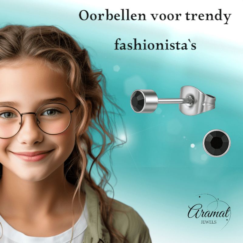 Zwarte kristal oorstekers – 4mm zilver RVS - Aramat Jewels - Oorbellen - cadeautip
