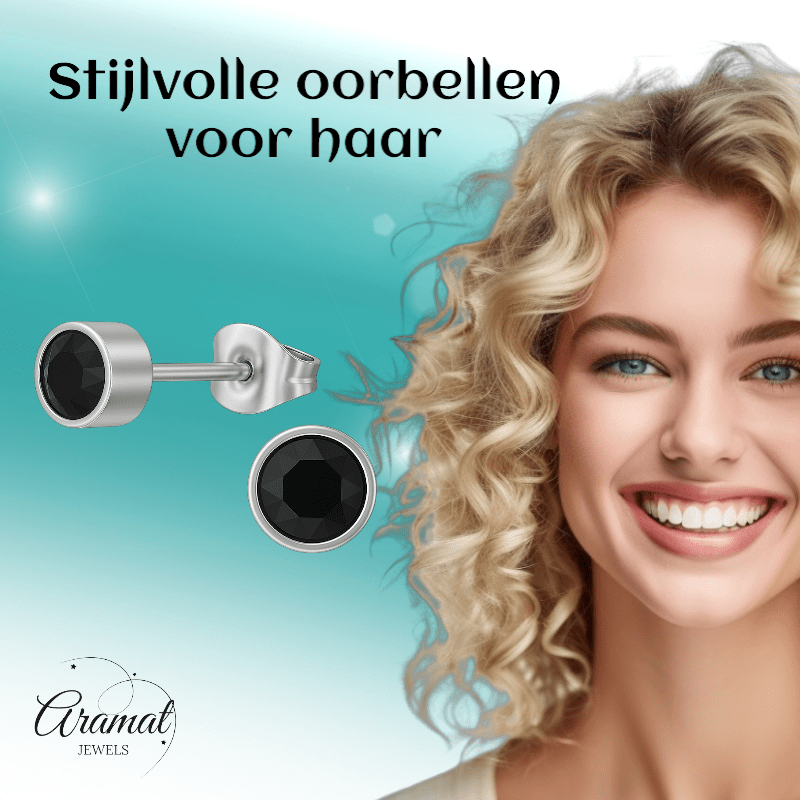 Zwarte kristal oorstekers – 5mm zilver RVS - Aramat Jewels - Oorbellen - cadeautip