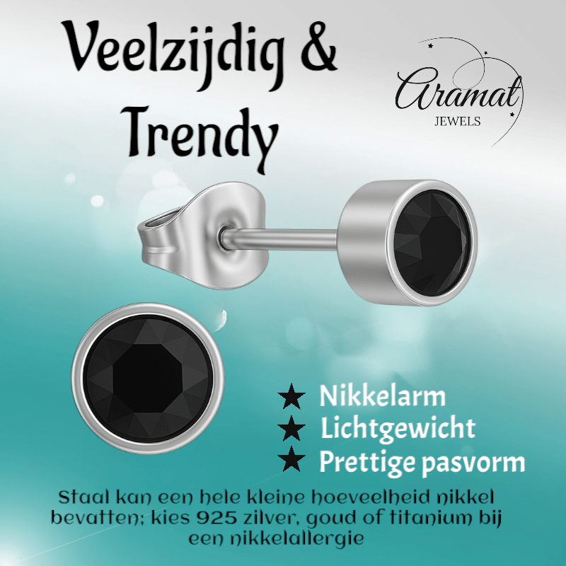 Zwarte kristal oorstekers – 5mm zilver RVS - Aramat Jewels - Oorbellen - cadeautip