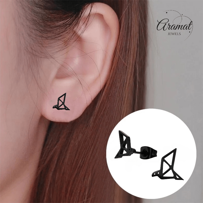 Zwarte Oorbellen Vogel Origami 9mm RVS - Aramat Jewels - Oorbellen - cadeautip