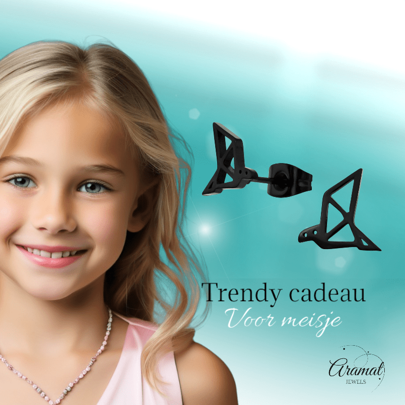 Zwarte Oorbellen Vogel Origami 9mm RVS - Aramat Jewels - Oorbellen - cadeautip