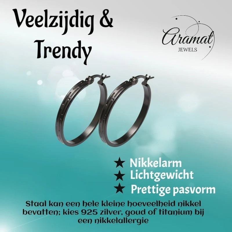 Zwarte RVS Oorringen met Grieks Motief - 25 mm - Aramat Jewels - Oorringen - cadeautip