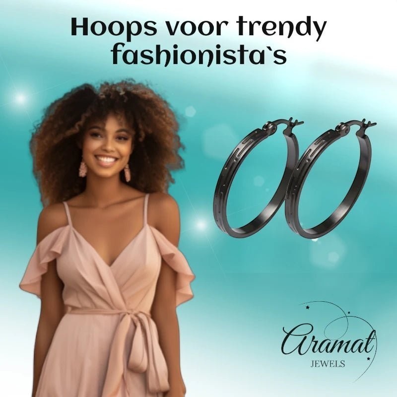 Zwarte RVS Oorringen met Grieks Motief - 25 mm - Aramat Jewels - Oorringen - cadeautip