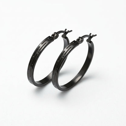 Zwarte RVS Oorringen met Grieks Motief - 25 mm - Aramat Jewels - Oorringen - cadeautip