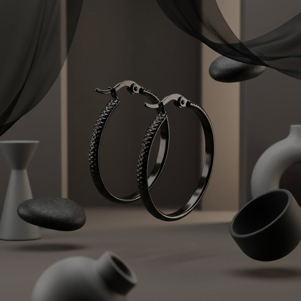 Zwarte RVS Oorringen met Puntjes Motief 25mm - Aramat Jewels - Oorringen - cadeautip