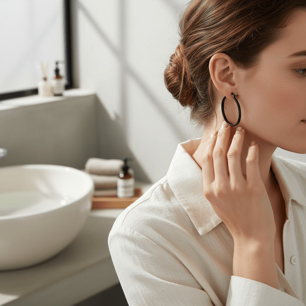 Zwarte RVS Oorringen met Puntjes Motief 25mm - Aramat Jewels - Oorringen - cadeautip